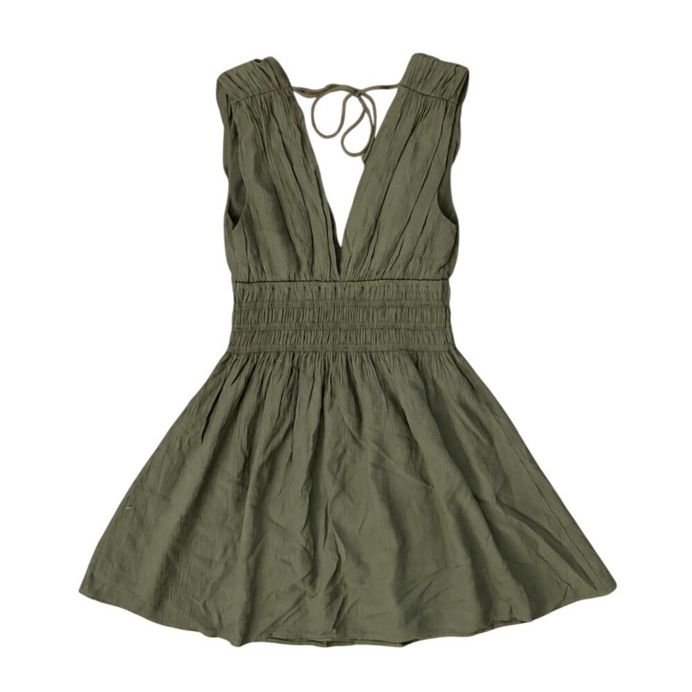 Abercrombie & Fitch Olive Green Smocked Plunge Crinkle Mini Dress Size Small S